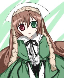 Rating: Safe Score: 0 Tags: 1girl blush braid brown_hair dress green_background green_dress green_eyes hat heterochromia image long_hair long_sleeves looking_at_viewer open_mouth red_eyes ribbon solo suiseiseki very_long_hair User: admin