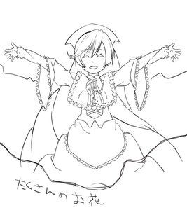 Rating: Safe Score: 0 Tags: 1girl capelet eyebrows_visible_through_hair facing_viewer frills greyscale hat image long_sleeves monochrome open_mouth outstretched_arms short_hair smile solo suiseiseki User: admin