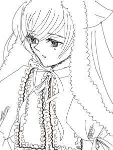 Rating: Safe Score: 0 Tags: 1girl crying eyebrows_visible_through_hair frills greyscale image lineart looking_at_viewer monochrome short_hair solo suiseiseki tears upper_body white_background User: admin