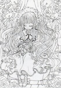 Rating: Safe Score: 0 Tags: 1girl closed_eyes dress flower frills image long_hair long_sleeves monochrome pink_rose rose shinku solo thorns traditional_media very_long_hair white_rose User: admin