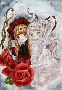 Rating: Safe Score: 0 Tags: 2girls blonde_hair blue_eyes dress eyepatch flower image kirakishou long_hair looking_at_viewer multiple_girls pair red_dress red_flower red_rose rose shinku traditional_media watercolor_(medium) User: admin