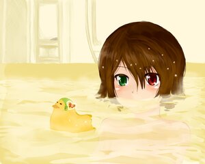 Rating: Safe Score: 0 Tags: 1girl bath bathing bathtub blush brown_hair green_eyes heterochromia image partially_submerged red_eyes rubber_duck short_hair solo souseiseki water wet User: admin