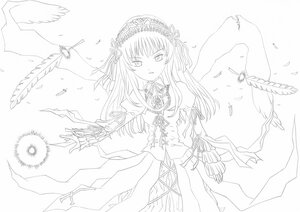 Rating: Safe Score: 0 Tags: 1girl bird dress feathered_wings feathers flower frills greyscale hairband image long_hair long_sleeves looking_at_viewer monochrome ribbon rose simple_background solo suigintou wings User: admin