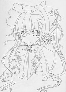 Rating: Safe Score: 0 Tags: 1girl bonnet bow dress drill_hair flower greyscale image long_hair looking_at_viewer monochrome rose shinku simple_background solo traditional_media upper_body User: admin