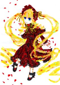 Rating: Safe Score: 0 Tags: 1girl blonde_hair blue_eyes bonnet bow bowtie dress flower full_body image long_hair long_sleeves looking_at_viewer petals red_dress rose rose_petals shinku solo standing twintails very_long_hair User: admin