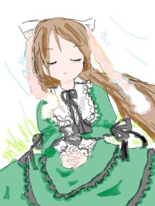 Rating: Safe Score: 0 Tags: 1girl black_ribbon brown_hair closed_eyes dress frills green_dress image long_hair long_sleeves ribbon sleeping solo suiseiseki very_long_hair white_background User: admin