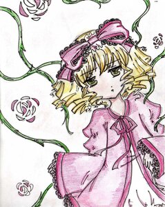 Rating: Safe Score: 0 Tags: 1girl blonde_hair bow dress drill_hair frills green_eyes hina_ichigo hinaichigo image leaf long_sleeves looking_at_viewer pink_bow pink_dress plant short_hair solo traditional_media vines white_background User: admin