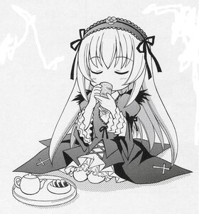 Rating: Safe Score: 0 Tags: 1girl closed_eyes cookie cup dress eating food frills greyscale hairband image long_hair long_sleeves monochrome ribbon saucer sitting solo suigintou tea teacup teapot wings User: admin