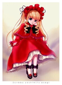 Rating: Safe Score: 0 Tags: 1girl blonde_hair blue_eyes bonnet bow bowtie capelet dress flower full_body image long_hair long_sleeves looking_at_viewer red_dress rose shinku shoes sitting solo twintails very_long_hair User: admin