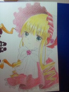 Rating: Safe Score: 0 Tags: 1girl bangs blonde_hair blue_eyes bonnet bow bowtie dress expressionless flower image long_hair looking_at_viewer pink_bow rose shinku sidelocks simple_background solo traditional_media upper_body User: admin