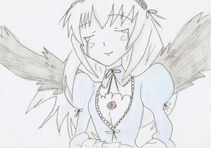 Rating: Safe Score: 0 Tags: 1girl akuma_homura black_wings blush dress feathered_wings image long_hair monochrome simple_background smile solo suigintou traditional_media upper_body wings User: admin