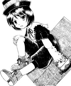 Rating: Safe Score: 0 Tags: 1girl boots greyscale hand_on_own_knee hat image long_sleeves looking_at_viewer monochrome open_mouth shoes short_hair sitting solo souseiseki User: admin