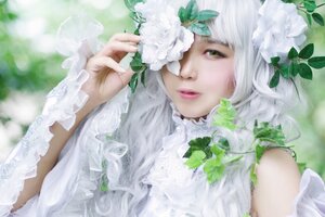 Rating: Safe Score: 0 Tags: 1girl bangs blurry eyelashes flower frills holding kirakishou lace lips looking_at_viewer parted_lips realistic solo upper_body white_dress white_hair User: admin