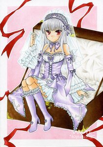 Rating: Safe Score: 0 Tags: 1girl bare_shoulders blush boots detached_sleeves dress flower frills hairband high_heels image knee_boots lolita_hairband long_hair looking_at_viewer red_eyes ribbon rose silver_hair sitting solo suigintou traditional_media User: admin