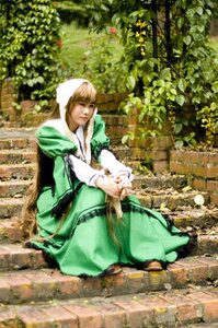 Rating: Safe Score: 0 Tags: 1girl apron blonde_hair dress green_dress hood outdoors sitting solo suiseiseki User: admin