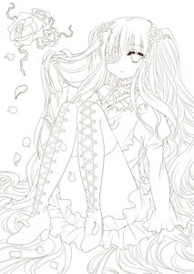 Rating: Safe Score: 0 Tags: 1girl boots cross-laced_footwear dress eyepatch flower frills greyscale image kirakishou knee_boots lineart long_hair long_sleeves monochrome rose sitting solo thighhighs two_side_up very_long_hair User: admin