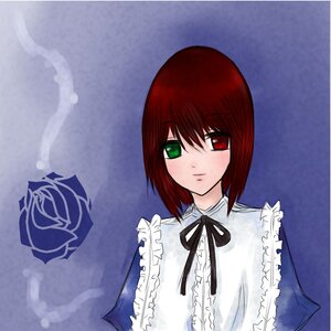 Rating: Safe Score: 0 Tags: 1girl closed_mouth flower frills green_eyes heterochromia image long_sleeves looking_at_viewer red_eyes rose short_hair solo souseiseki upper_body User: admin