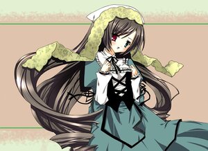 Rating: Safe Score: 0 Tags: 1girl blush brown_hair dress drill_hair frills green_dress green_eyes head_scarf heterochromia image long_hair long_sleeves looking_at_viewer open_mouth red_eyes solo suiseiseki twintails very_long_hair User: admin