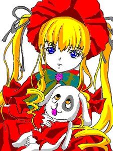 Rating: Safe Score: 0 Tags: 1girl blonde_hair blue_eyes bonnet bow capelet dress drill_hair green_bow green_neckwear image long_hair long_sleeves looking_at_viewer red_dress shinku sidelocks simple_background solo twintails white_background User: admin