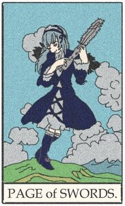 Rating: Safe Score: 0 Tags: 1girl border cloud dress frills holding image instrument long_hair long_sleeves sky solo standing suigintou traditional_media User: admin