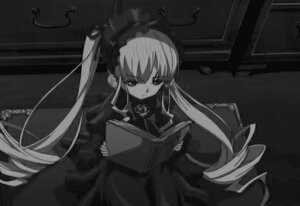 Rating: Safe Score: 0 Tags: 1girl black_dress book dress expressionless greyscale image long_hair long_sleeves looking_at_viewer monochrome shinku sitting solo twintails very_long_hair User: admin