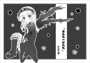 Rating: Safe Score: 0 Tags: 1girl blush boots dress feathered_wings frills greyscale hairband image long_hair long_sleeves looking_at_viewer monochrome sitting solo suigintou wings User: admin