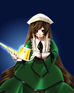 Rating: Safe Score: 0 Tags: 1girl brown_hair cup dress frills green_dress green_eyes heterochromia holding image long_hair long_sleeves looking_at_viewer red_eyes simple_background smile solo standing suiseiseki very_long_hair User: admin