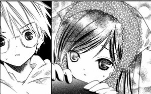 Rating: Safe Score: 0 Tags: 1boy 1girl blush close-up glasses greyscale image looking_at_viewer monochrome solo suiseiseki User: admin