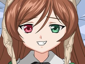 Rating: Safe Score: 0 Tags: 1girl bangs brown_hair eyebrows_visible_through_hair green_eyes grin heterochromia highres image long_hair looking_at_viewer non-web_source portrait ribbon rozen_maiden screencap smile solo suiseiseki vector_trace User: admin
