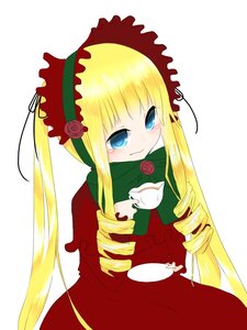 Rating: Safe Score: 0 Tags: 1girl blonde_hair blue_eyes blush bow cup dress drill_hair flower image long_hair long_sleeves looking_at_viewer rose saucer shinku sidelocks simple_background sitting solo teacup twin_drills very_long_hair white_background User: admin