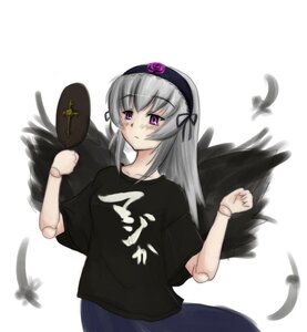 Rating: Safe Score: 0 Tags: 1girl black_feathers black_wings blush clenched_hands feathered_wings feathers flower hairband image long_hair purple_eyes shirt simple_background solo suigintou white_background wings User: admin