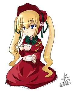 Rating: Safe Score: 0 Tags: 1girl blonde_hair blue_eyes bonnet bow bowtie cup dress flower hat holding_cup image long_hair long_sleeves looking_at_viewer red_dress saucer shinku sidelocks signature sitting solo tea teacup twintails User: admin