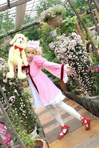 Rating: Safe Score: 0 Tags: 1girl blonde_hair bow day dress fence flower hinaichigo outdoors pantyhose pink_dress red_footwear shoes solo standing tree white_legwear User: admin