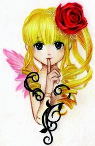 Rating: Safe Score: 0 Tags: 1girl blonde_hair blue_eyes finger_to_mouth flower hair_flower hair_ornament image index_finger_raised long_hair looking_at_viewer red_flower red_rose rose shinku solo traditional_media wings User: admin