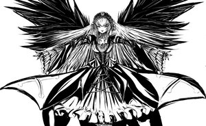 Rating: Safe Score: 0 Tags: 1girl black_wings dress feathered_wings frills greyscale image long_hair long_sleeves looking_at_viewer monochrome solo suigintou white_background wings User: admin