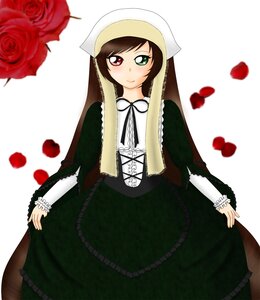 Rating: Safe Score: 0 Tags: 1girl brown_hair dress flower green_dress green_eyes heterochromia image long_hair long_sleeves looking_at_viewer petals red_eyes red_flower red_rose rose rose_petals smile solo suiseiseki very_long_hair white_background User: admin