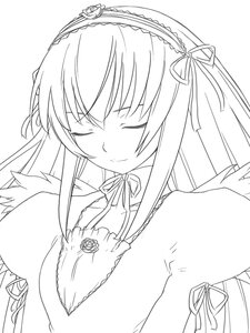 Rating: Safe Score: 0 Tags: 1girl blush closed_eyes closed_mouth dress flower frills greyscale hairband image lineart long_hair monochrome ribbon rose simple_background smile solo suigintou upper_body white_background User: admin