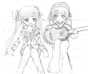 Rating: Safe Score: 0 Tags: 2girls :d blush eighth_note fan greyscale hair_ribbon image instrument long_hair long_sleeves looking_at_viewer monochrome multiple_girls musical_note open_mouth pair paper_fan ribbon shinku siblings sisters sketch smile spoken_musical_note suigintou twins twintails uchiwa User: admin