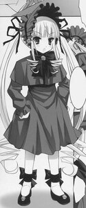 Rating: Safe Score: 0 Tags: 1girl blush bonnet bow dress full_body greyscale image long_hair long_sleeves looking_at_viewer monochrome shinku solo standing twintails very_long_hair User: admin