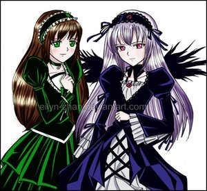 Rating: Safe Score: 0 Tags: 2girls black_wings brown_hair cross-laced_clothes dress frills green_eyes hairband image long_hair long_sleeves looking_at_viewer multiple_girls pink_eyes ribbon silver_hair simple_background solo suigintou white_background wings User: admin