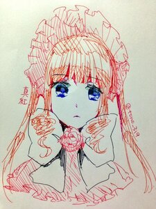 Rating: Safe Score: 0 Tags: 1girl bangs blue_eyes eyebrows_visible_through_hair flower image long_hair looking_at_viewer monochrome photo red_flower rose shinku simple_background sketch solo traditional_media twitter_username upper_body User: admin