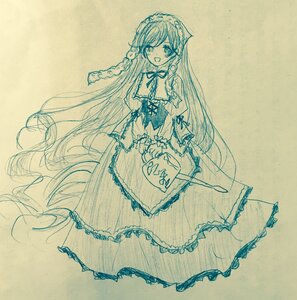 Rating: Safe Score: 0 Tags: 1girl :d bangs bow braid dress eyebrows_visible_through_hair frills full_body holding image long_hair long_sleeves looking_at_viewer monochrome open_mouth smile solo standing suiseiseki traditional_media very_long_hair waist_apron User: admin