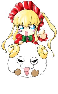 Rating: Safe Score: 0 Tags: 1girl blonde_hair blue_eyes blush_stickers bonnet bow chibi dress image long_hair long_sleeves looking_at_viewer open_mouth red_dress rose shinku sidelocks simple_background solo twintails white_background User: admin
