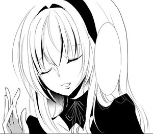 Rating: Safe Score: 0 Tags: 1girl closed_eyes greyscale image long_hair monochrome ribbon simple_background solo suigintou upper_body white_background User: admin