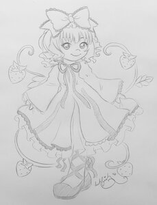 Rating: Safe Score: 0 Tags: 1girl bow cat dress full_body hair_bow hinaichigo image long_sleeves looking_at_viewer monochrome shoes short_hair signature sketch smile solo traditional_media wings User: admin