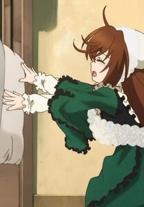 Rating: Safe Score: 0 Tags: 1girl blush brown_hair closed_eyes dress frills green_dress hat image long_sleeves open_mouth solo suiseiseki User: admin