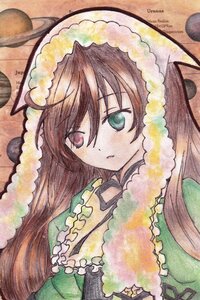 Rating: Safe Score: 0 Tags: 1girl bangs brown_hair closed_mouth eyebrows_visible_through_hair frills green_dress green_eyes heterochromia hood image long_hair looking_at_viewer marker_(medium) red_eyes solo suiseiseki traditional_media upper_body User: admin