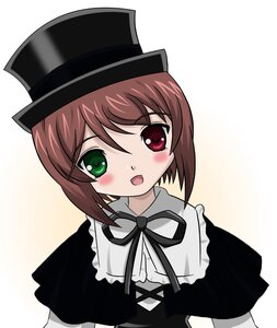 Rating: Safe Score: 0 Tags: 1girl :d blush brown_hair dress green_eyes hat heterochromia image looking_at_viewer open_mouth red_eyes ribbon simple_background smile solo souseiseki striped top_hat white_background User: admin