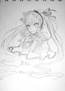 Rating: Safe Score: 0 Tags: 1girl capelet dress frills greyscale hair_ribbon hairband image long_hair looking_at_viewer monochrome ribbon shinku smile solo traditional_media twintails User: admin