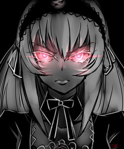 Rating: Safe Score: 0 Tags: 1girl black_background closed_mouth eyebrows_visible_through_hair glowing hairband image long_hair looking_at_viewer monochrome red_eyes simple_background solo suigintou white_background User: admin